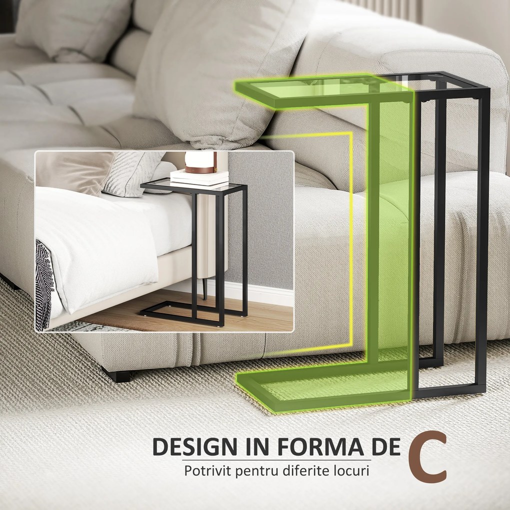 HOMCOM Măsuță de Cafea în Formă de C din Sticlă și Oțel, 46x25x63.5 cm, Negru | Aosom Romania