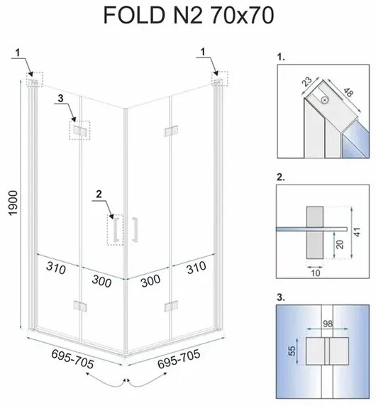 Cabina de dus patrata cu usi pliabile Rea Fold N2 70x70 crom