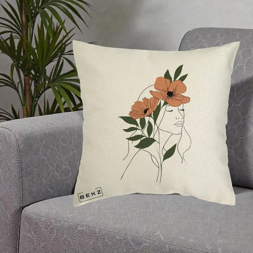 Perna Decorativa Portret Feminin Doua Maci Terracotta, 40x40 cm, Ecru, Husa Detasabila, Perna Inclusa, BEKZ®