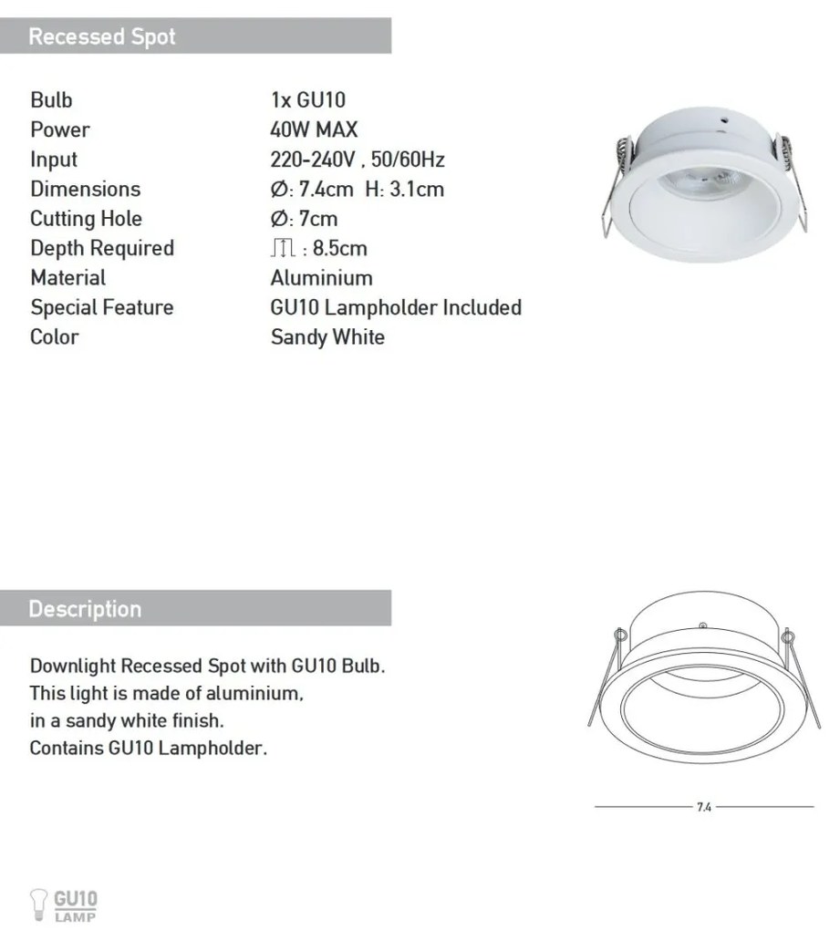 Spot incastrabil GU10 Iria D-7,4cm