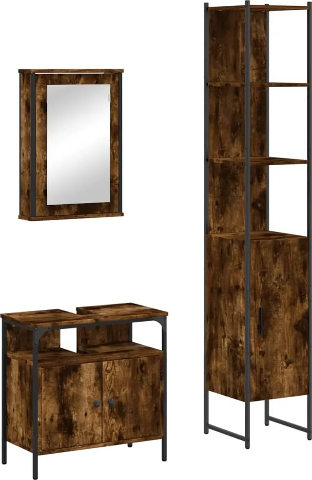 vidaXL Set mobilier de baie, 3 piese, stejar fumuriu, lemn prelucrat