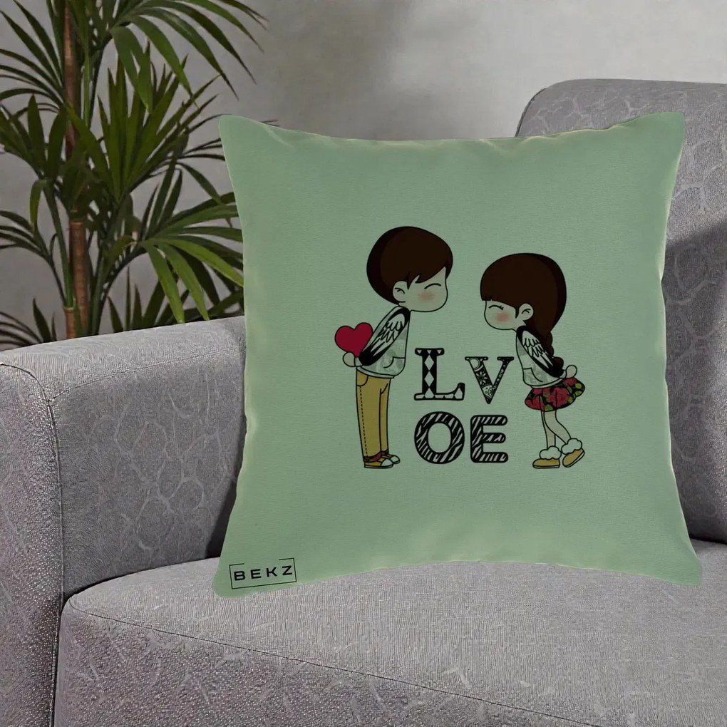 Cadou Romantic - Perna Personalizata Cuplu Kawaii LOVE, 40x40 cm, Verde, Husa Detasabila, Perna Inclusa, BEKZ®