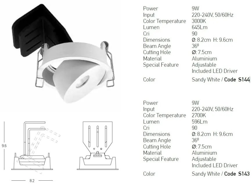 Spot LED reglabil Trimless 9W 3000K alb
