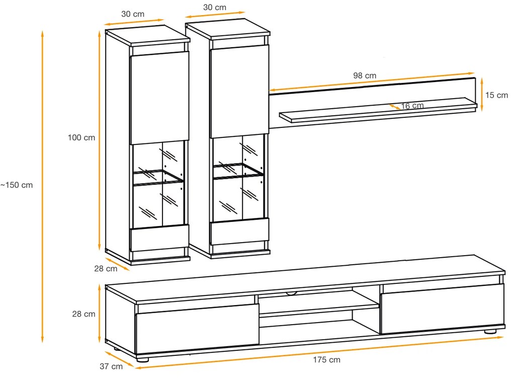 Mobilier Living-sufragerie  camera de zi , gri inchis antracit stejar artisan  , 175 cm lungime, usi deschidere fara manere, vitrina iluminata led