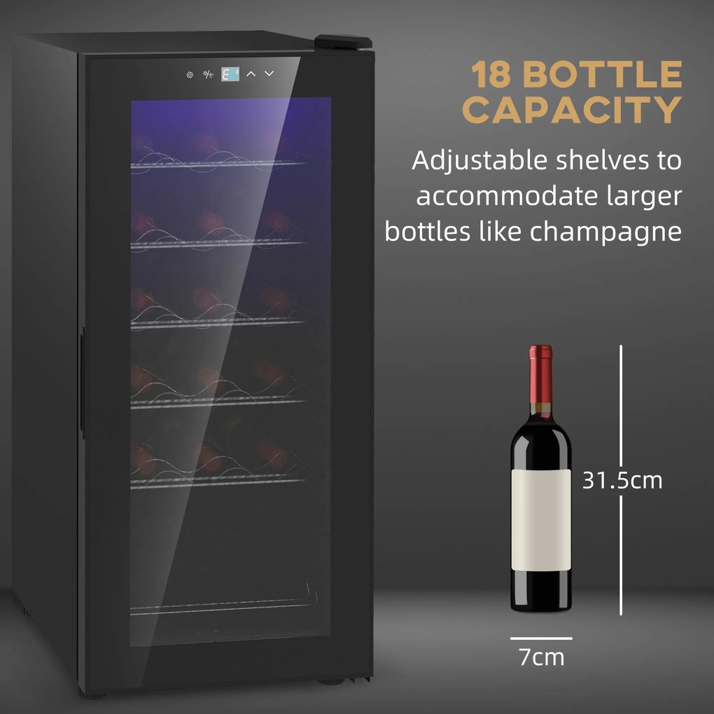 HOMCOM Frigider pentru Vinuri, Frigider de Vin cu Control al Temperaturii, Ecran Tactil Digital și Lumină LED, 18 Sticle, 34.5x45x78 cm, Negru