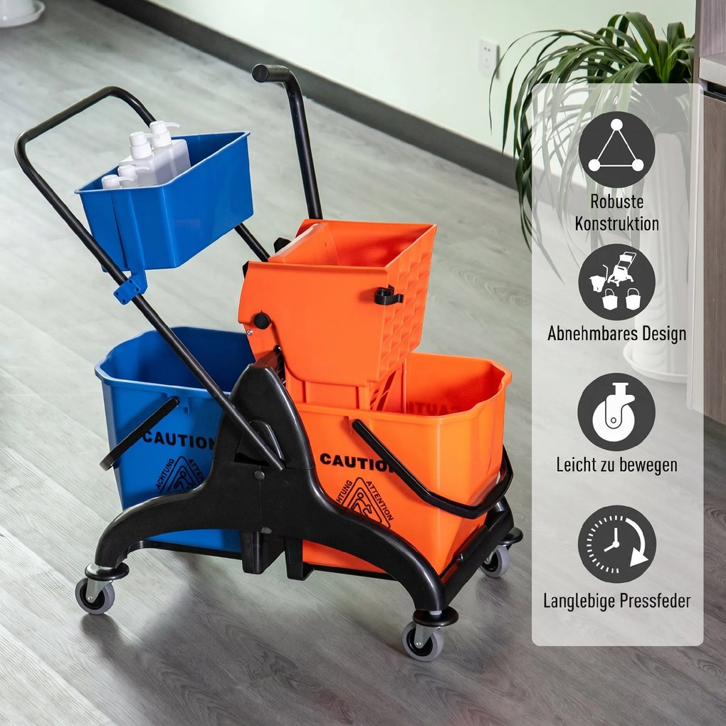 HOMCOM Cărucior Profesional de Curățenie cu 2 Găleți de 26L, Cărucior cu Presă, Mâner și 4 Roți Universale, pentru Hotel, Casă, Birou, 78x45x95 cm, Portocaliu și Albastru | Aosom Romania