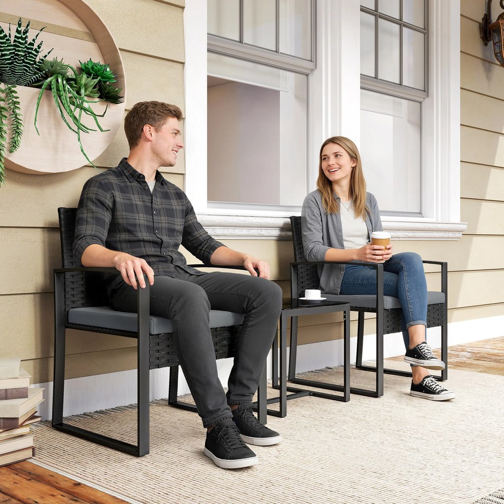 Outsunny Set de Mobilier pentru Grădină din Ratan Sintetic cu 2 Scaune cu Perne Detașabile și Masă cu Blat de Sticlă, Gri | Aosom Romania