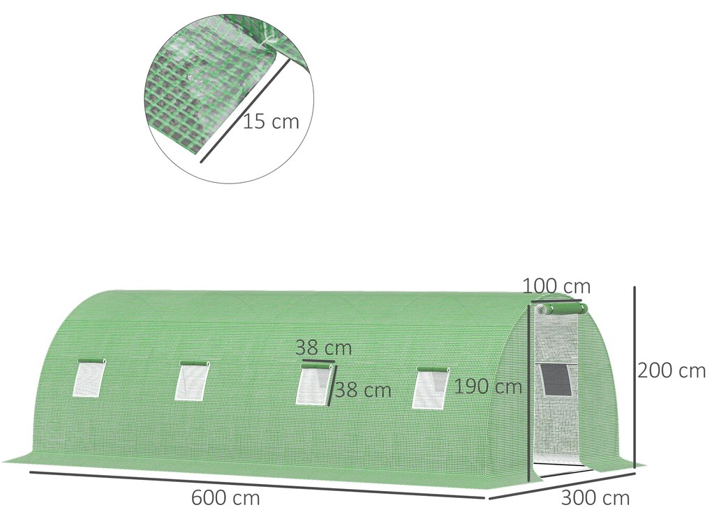 Outsunny Seră de Grădină Tunnel 18 m² dim. 6L x 3l x 2H m - 8 ferestre, Ușă cu Fermoar Rulabil - Structură Tubulară Oțel Galvanizat, Folie PE de Înaltă Densitate Verde | Aosom Romania