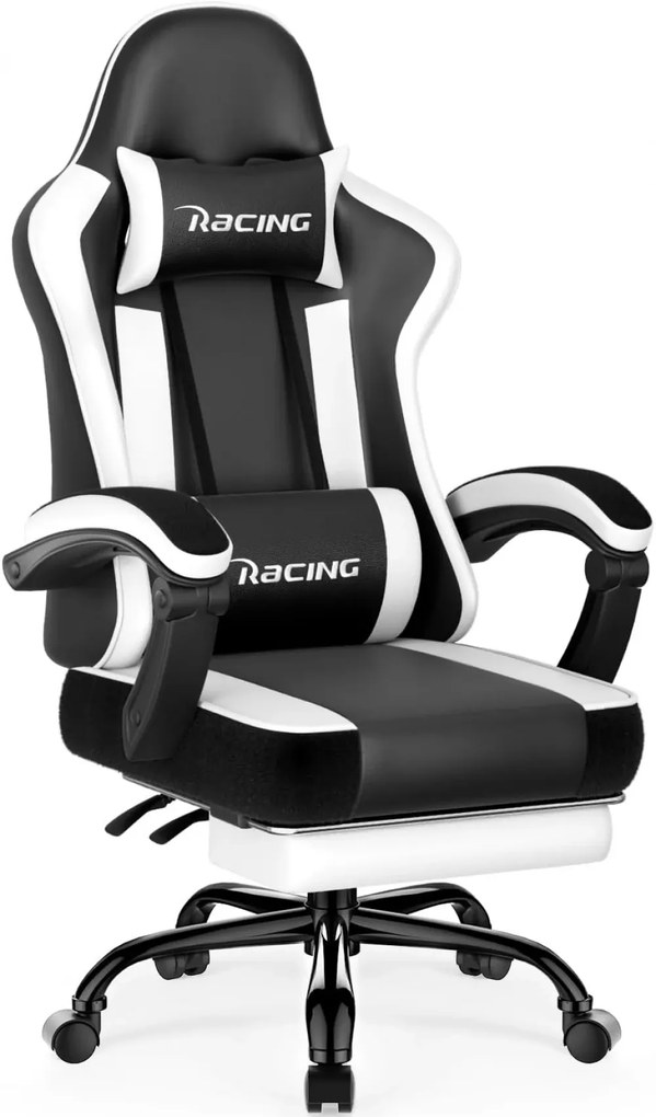 Scaun gaming, Masaj în perna lombară, Suport picioare, Rabatabil 90-165°, piele PU, Negru/Alb