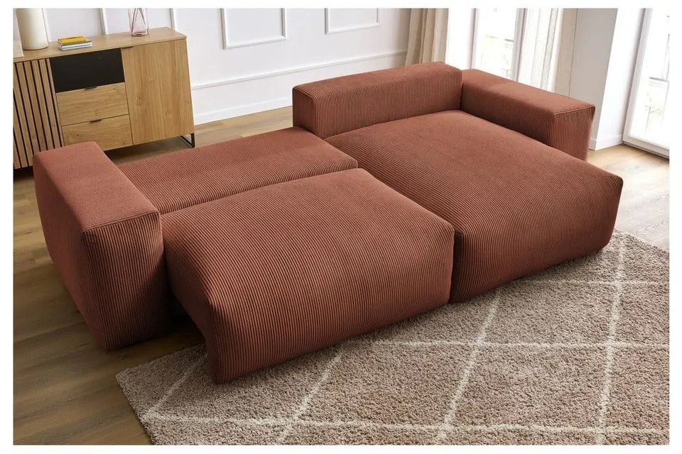 Colțar teracotă extensibil/cu spațiu de depozitare cu tapițerie din catifea reiată Voltaire – Bobochic Paris