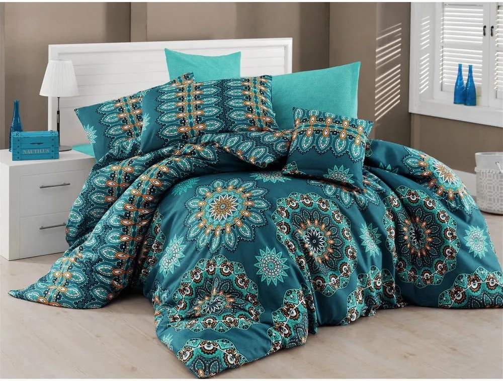 Lenjerie de pat cu cearșaf Hula Turquoise, 200 x 220 cm
