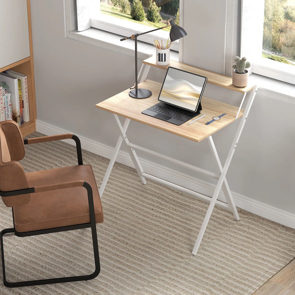 Birou HOMCOM pliant compact, suport monitor, lemn natural | Aosom Romania