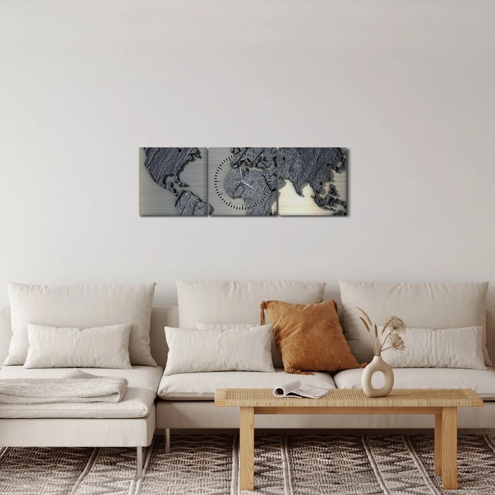 Tablou - Harta lumii în textura de piatră (cu ceas) (90x30 cm)