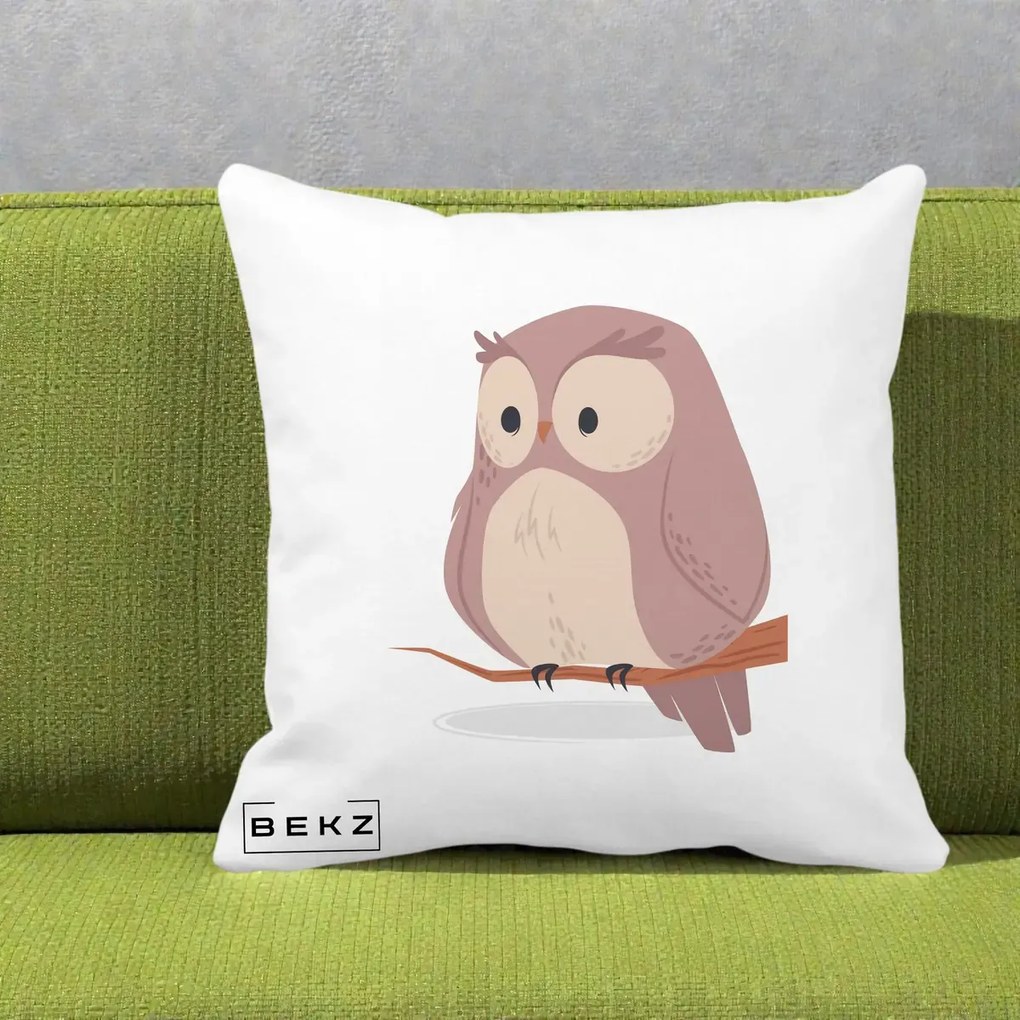 Perna Decorativa Bufnita Kawaii pe Creanga, 40x40 cm, Alba Mata, Husa Detasabila, Perna Inclusa, BEKZ®