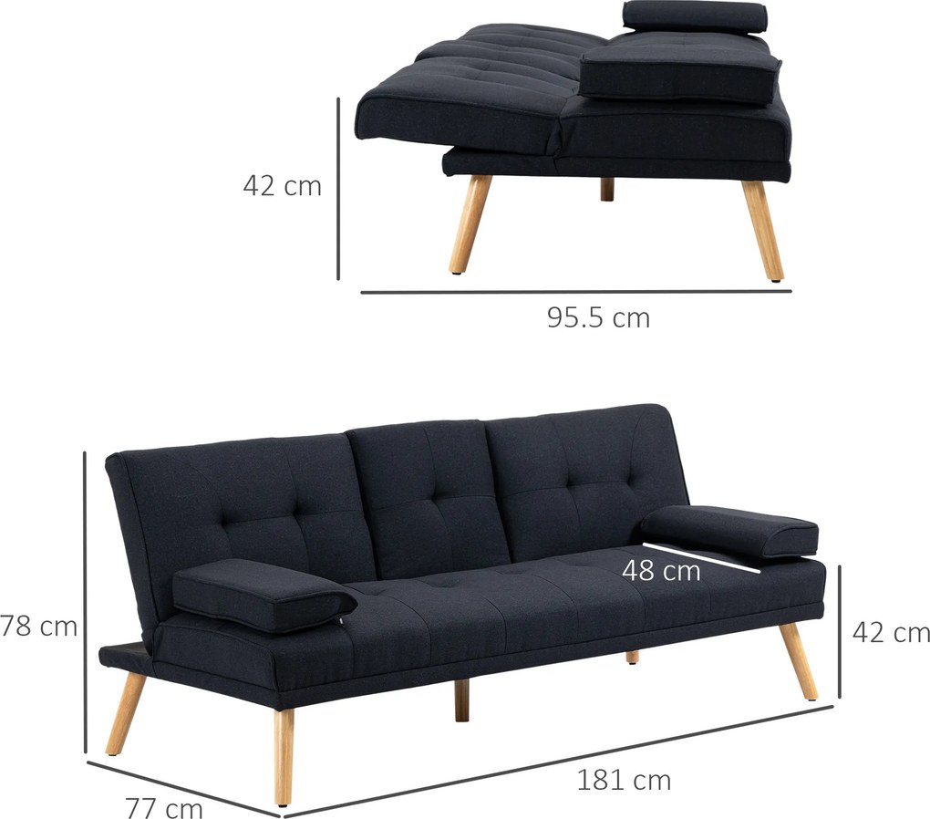 HOMCOM Canapea Extensibilă cu 3 Locuri, 2 Brațe Detașabile și Suport pentru Pahare, 181x77x78 cm, Gri antracit | Aosom Romania