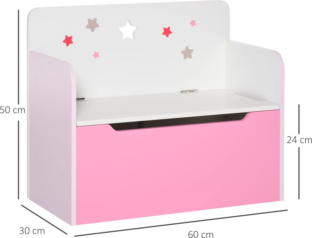 HOMCOM Bancă Depozitare Jucării 2 în 1 din Lemn, Ladă de Depozitare cu Spătar pentru Copii de 3-6 Ani, 60x30x50 cm, Roz | Aosom Romania