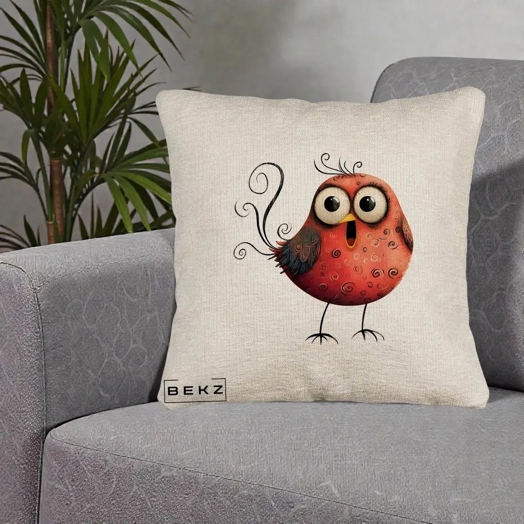 Perna Decorativa Pasare Rosie Exuberanta cu Spirale, 40x40 cm, Bej Canapea, Husa Detasabila, Perna Inclusa, BEKZ®