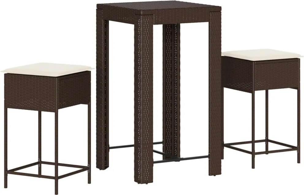 vidaXL Set bar de grădină, 3 piese, cu perne, maro, poliratan