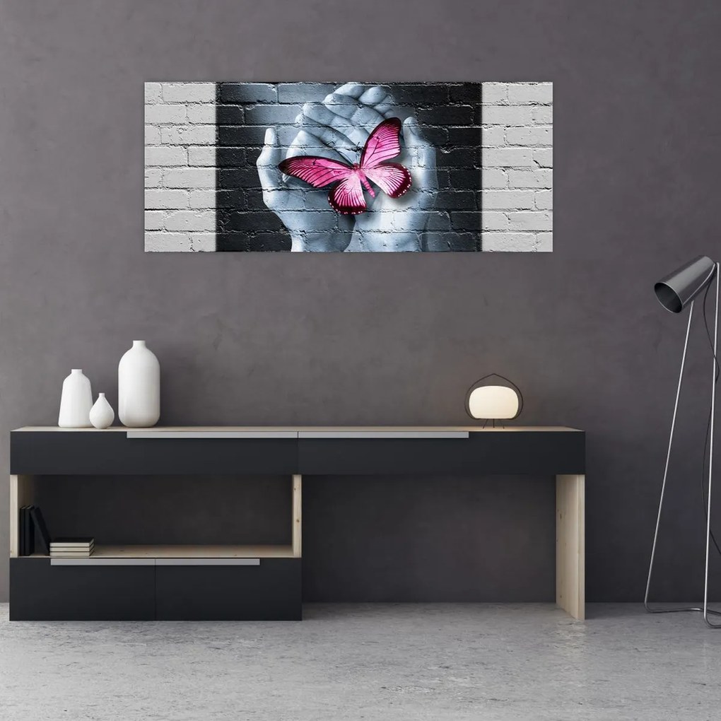 Tablou - Fluture roz în perete (120x50 cm)