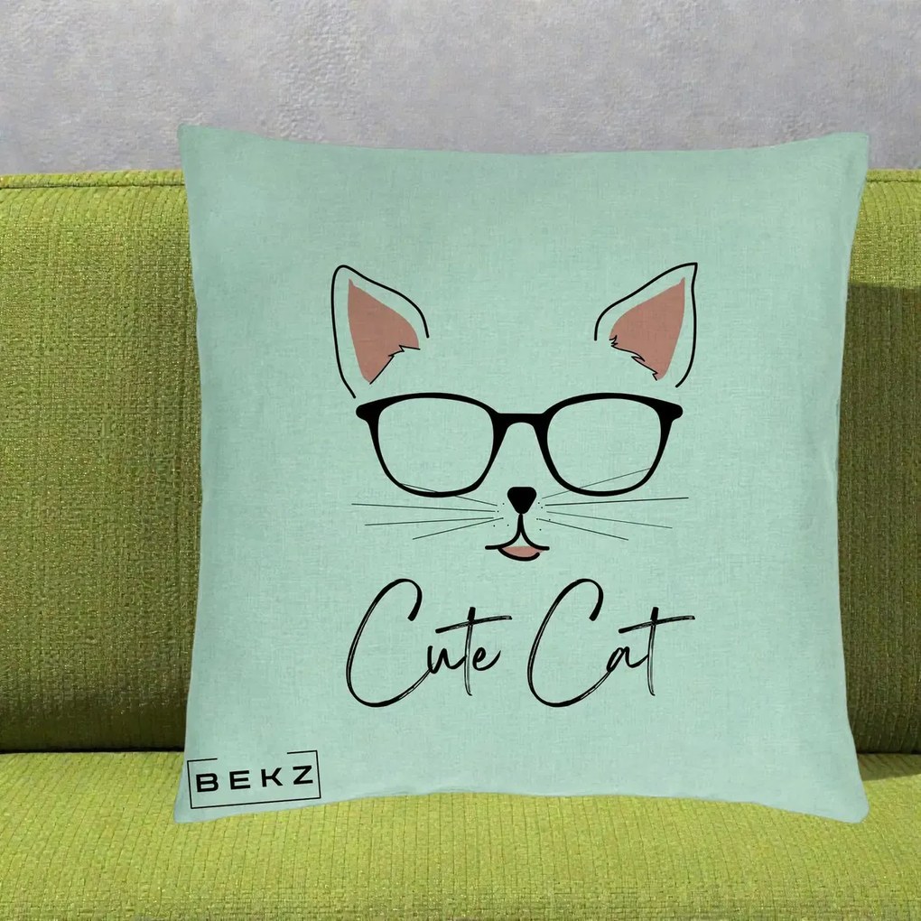 Perna Personalizata Cute Cat cu Ochelari, 40x40 cm, Verde Menta, Husa Detasabila, Perna Inclusa, BEKZ®