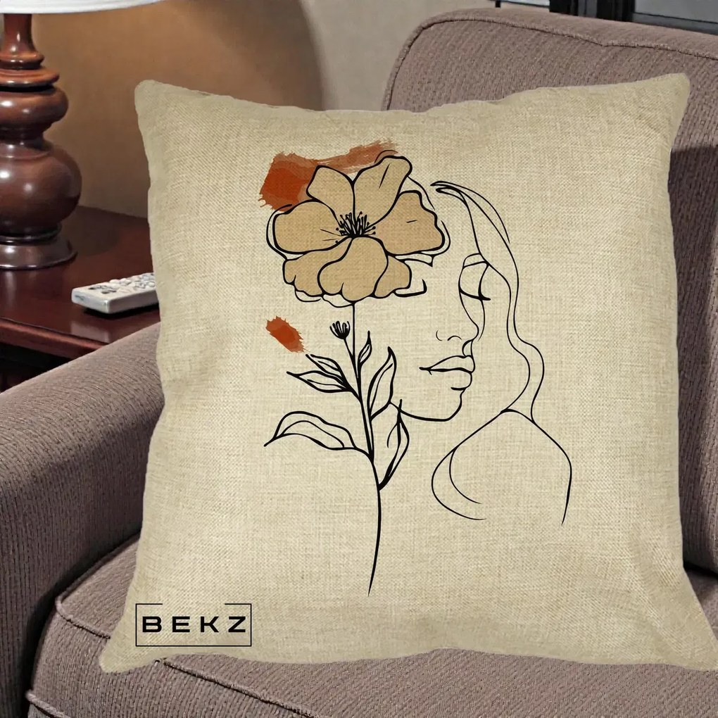 Perna Decorativa Portret Feminin Floare Bej Terracotta, 40x40 cm, Crem, Husa Detasabila, Perna Inclusa, BEKZ®