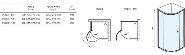 Ravak 37677U00Z1 - Cabină de duș PIVOT, cu trei elemente, în formă de sfert de cerc, 90x90 cm, satinat