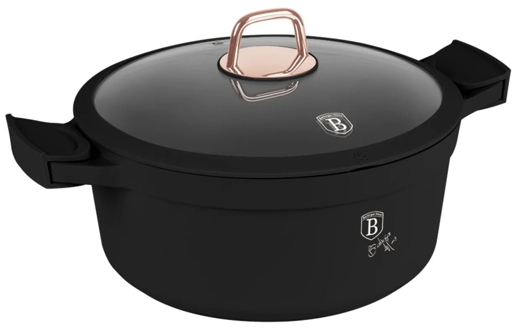 Oală cu capac și mânere de silicon detașabile 28 cm, 6.6L – Berlinger Haus Black Rose Collection BH 7784, neagră, antiaderentă cu titan, ideală