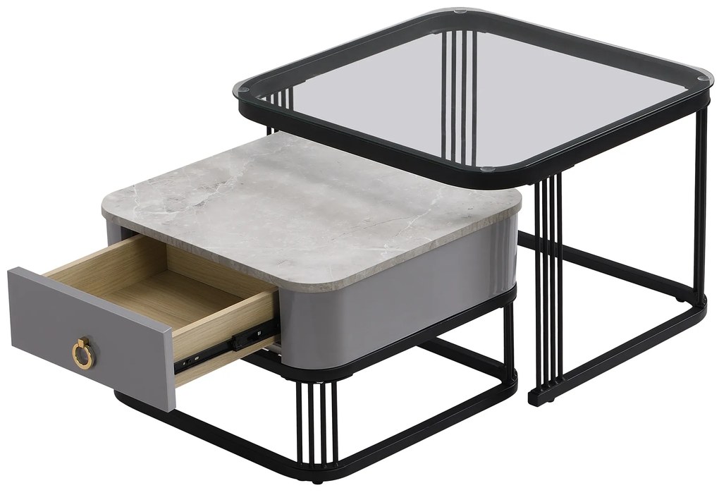 Set de 2 Măsuțe de Cafea Suprapozabile cu Blat din Marmură Lucioasă și Sticlă, Structură din Metal și Sertare, 60x60x42 cm + 50x50x34 cm, Negru