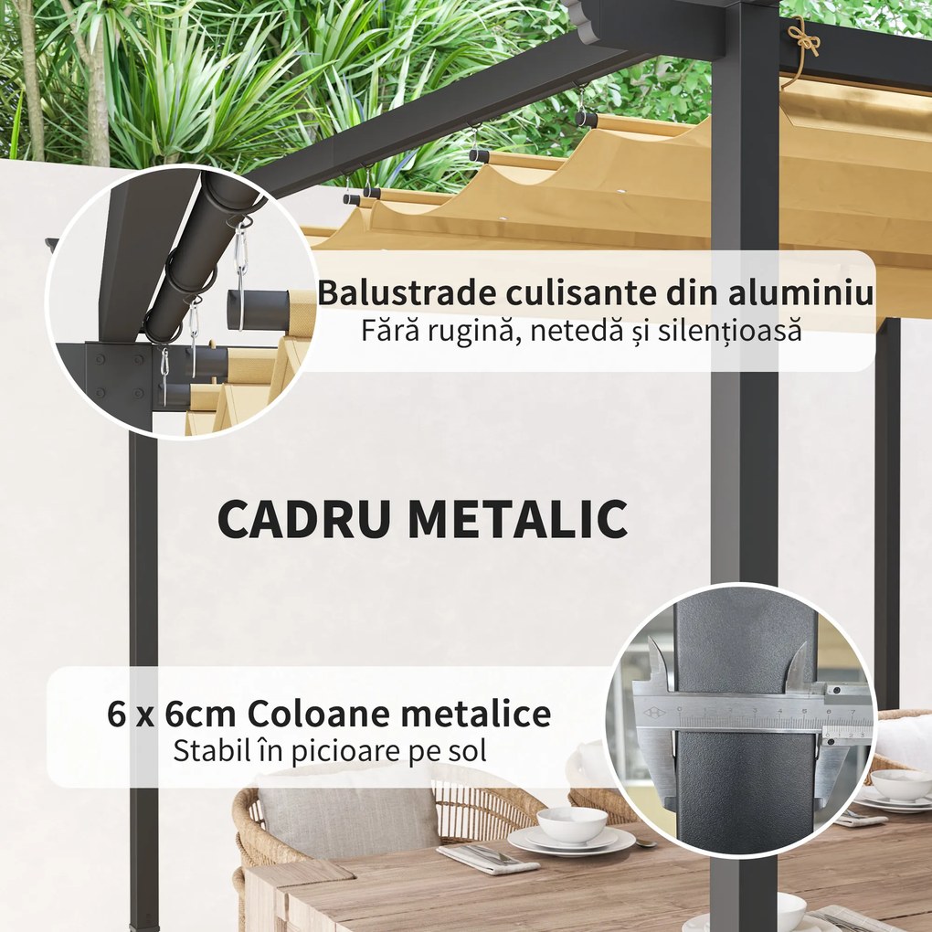 Outsunny Pergolă de Grădină cu Acoperiș Retractabil și Cadru Metalic, 300x300x227 cm, Bej | Aosom Romania