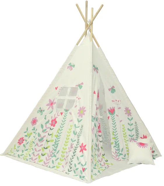 Cort teepee pentru copii FLOWERS alb