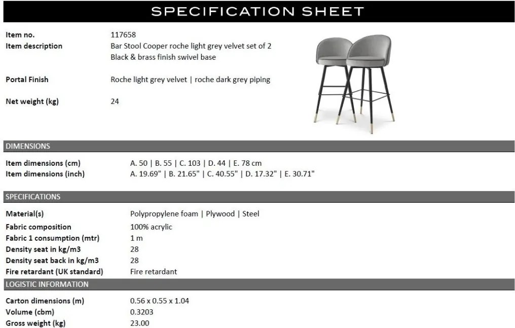 Set de 2 scaune de bar pivotante, design LUX, Bar Stool Cooper gri deschis