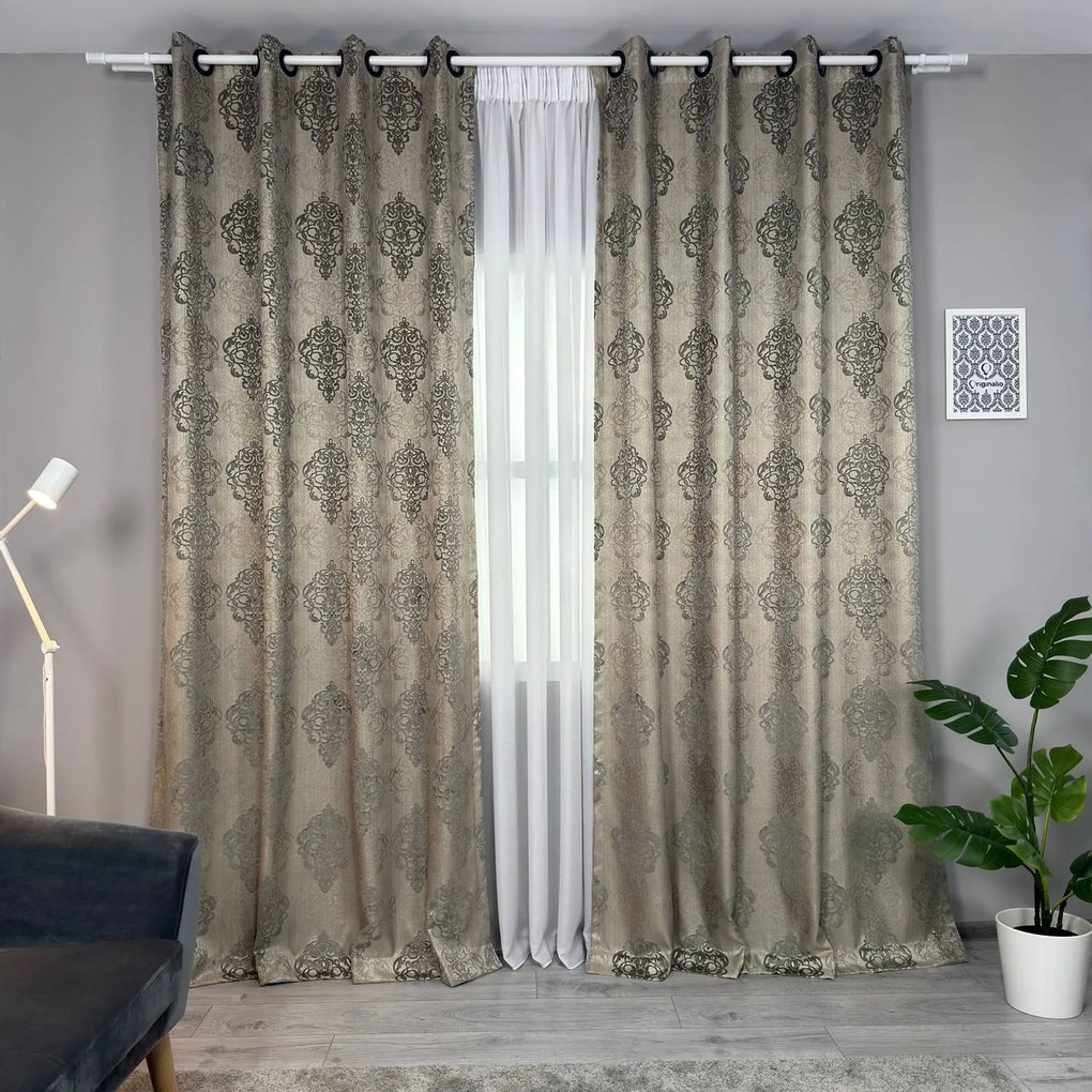 Set două Draperii (Blackout), din Stofă premium + Jacquard (Model reliefat), Gata lucrate (Inele galerie), Culoare Crem + Maro (Efect semi-lucios), Dimensiuni draperie 160x260 cm (x2), Brand Originalio