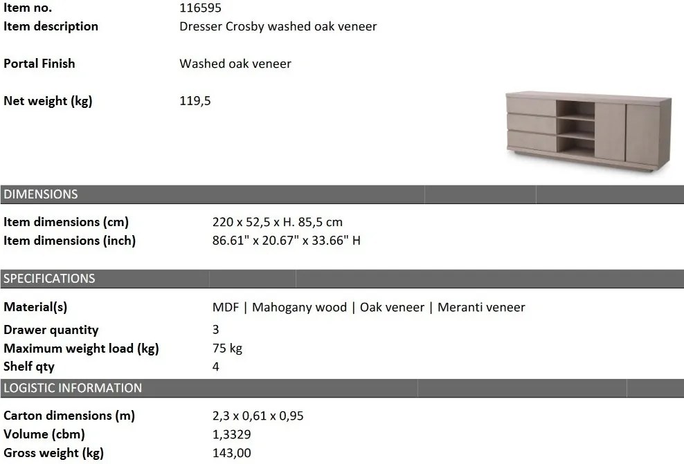 Comoda design LUX Crosby, stejar albit