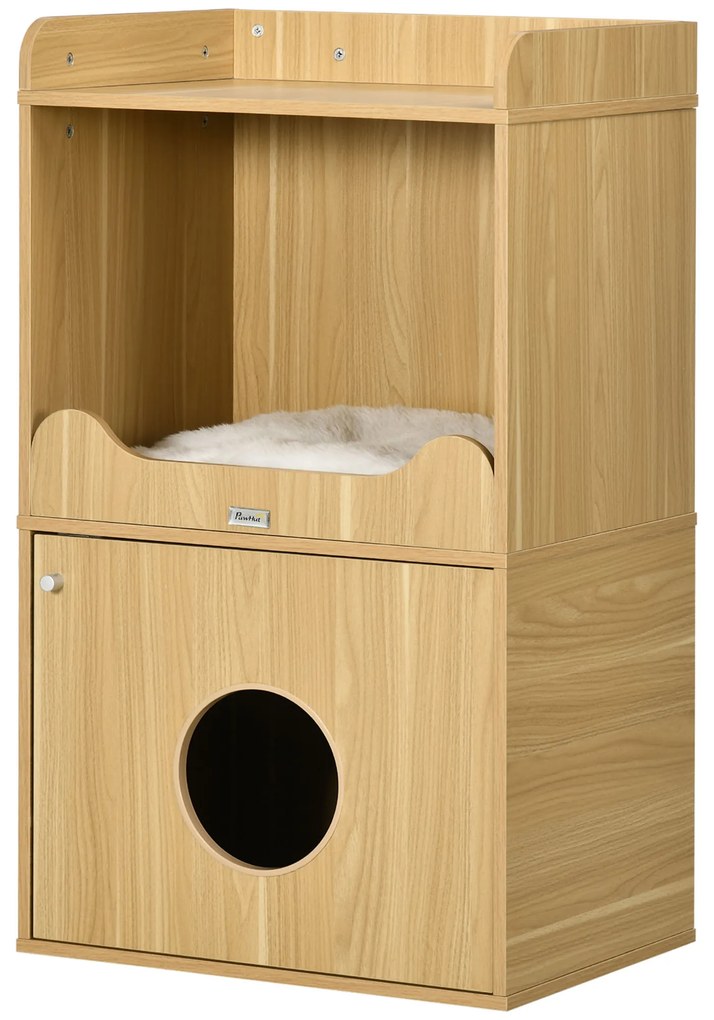 PawHut Casa de toaletă pentru pisici mobilier litieră pisică 3 nivele compartiment închis cu o ușă 1 pernă 60 x 45 x 103 cm | Aosom Romania