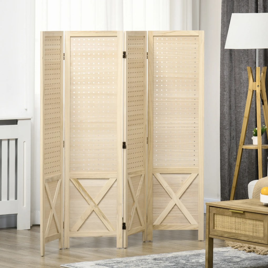 HOMCOM, Paravan interior din lemn, 4 panouri, separator de cameră pliabil, panou perforat, 152 x 1,7 x 144,5 cm, lemn natural | Aosom Romania