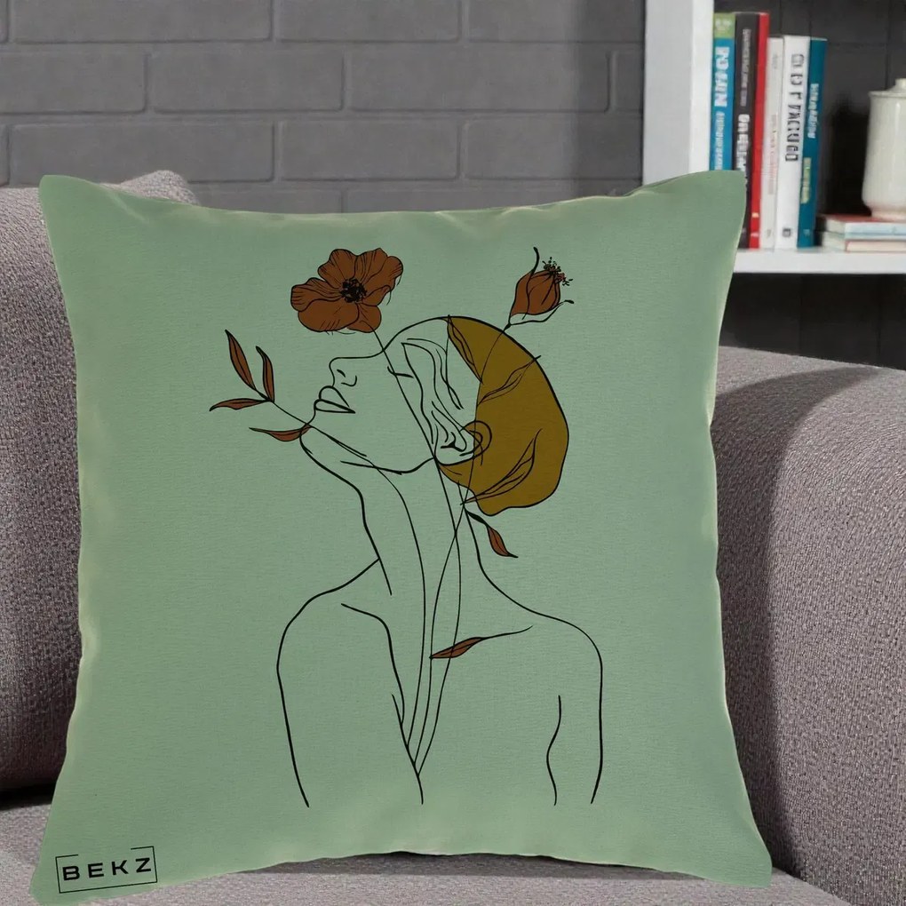 Perna Decorativa Portret Feminin Mac Privire Inalta, 40x40 cm, Verde, Husa Detasabila, Perna Inclusa, BEKZ®