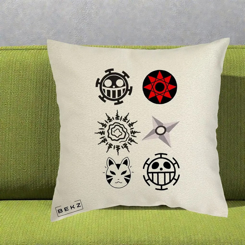 Perna Personalizata Simboluri Anime Mix - Naruto One Piece, 40x40 cm, Ecru, Husa Detasabila, Perna Inclusa, BEKZ®