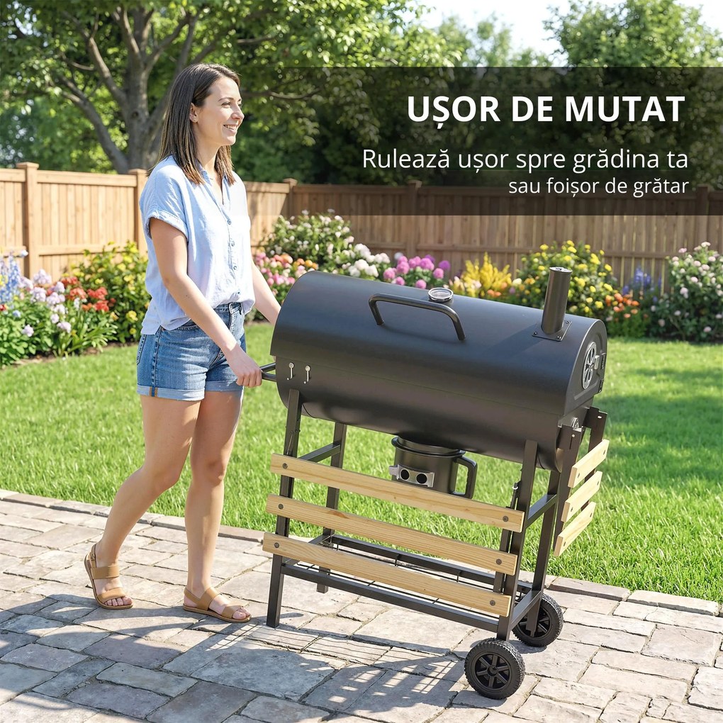 Outsunny Grătar pe cărbuni cu căruț de gătit, etajere pliabile, termometru, roți, rotisor electric, negru | Aosom Romania