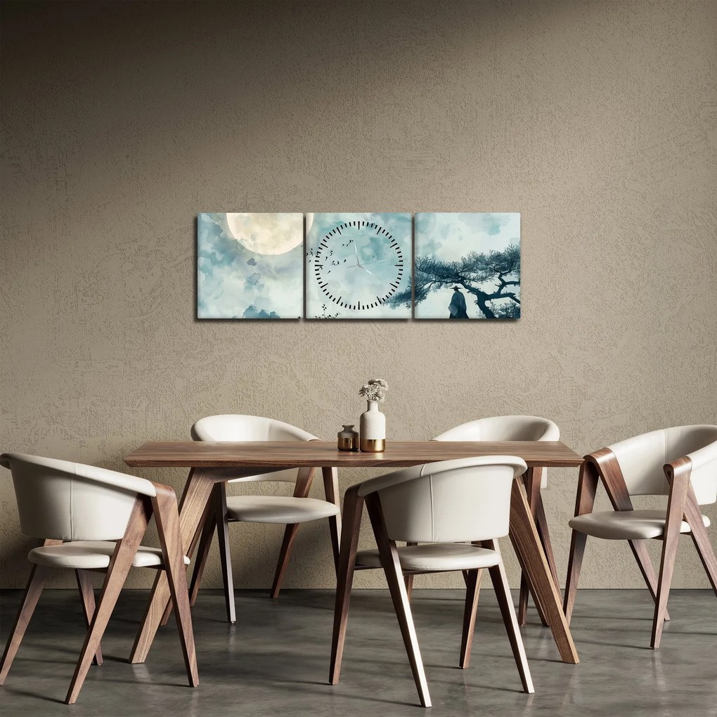Tablou - Pictură cu lună plină (cu ceas) (90x30 cm)