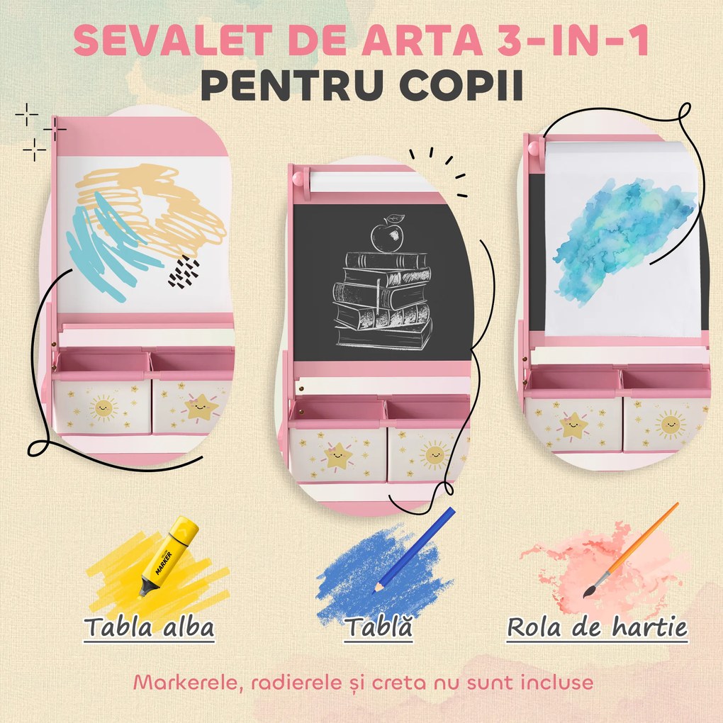 AIYAPLAY Tablă de desen pentru copii 3 în 1 cu rolă de hârtie și 2 coșuri Roz | Aosom Romania