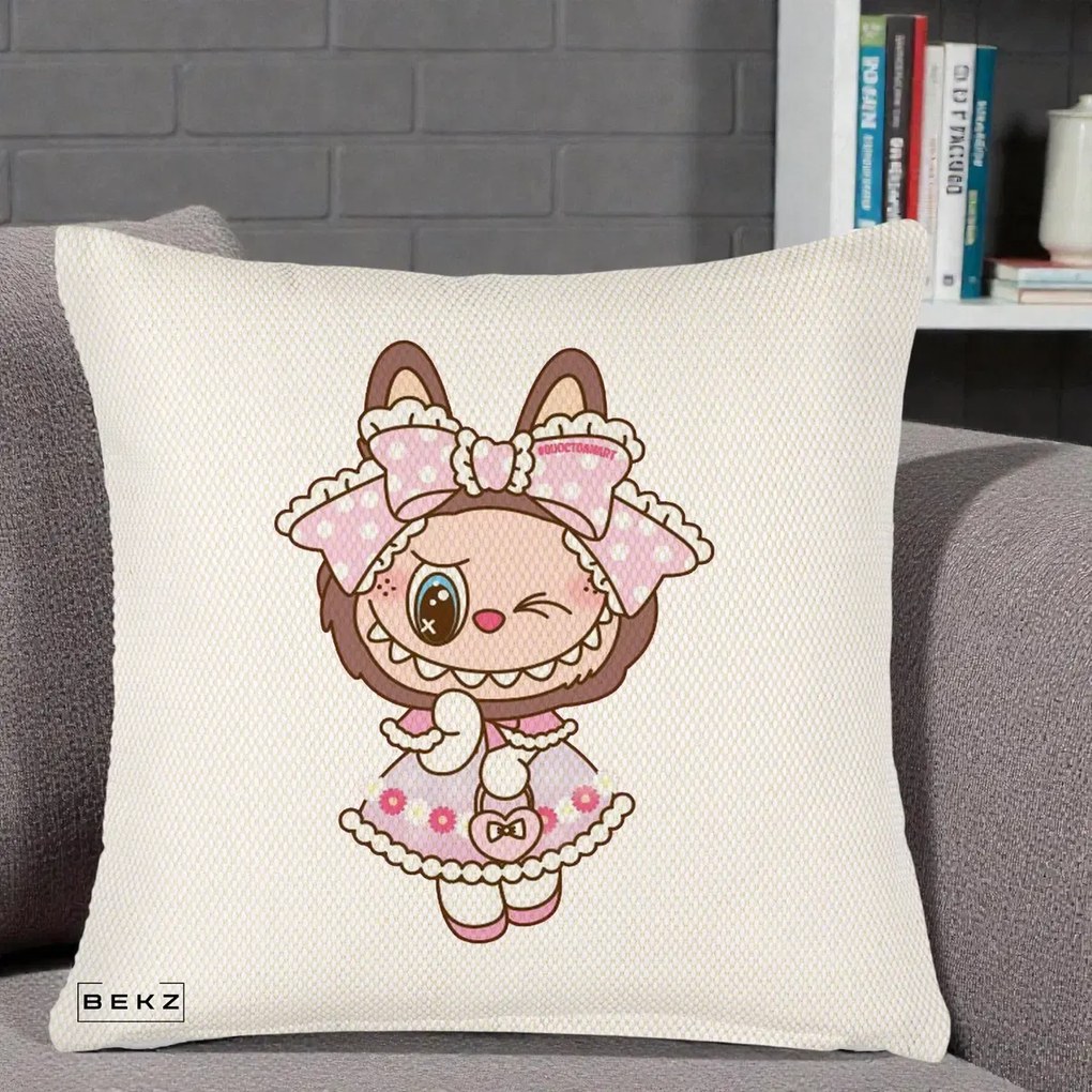 Perna Personalizata Labubu Lolita Roz cu Dantela, 40x40 cm, Crem Reliefat, Husa Detasabila, Perna Inclusa, BEKZ®