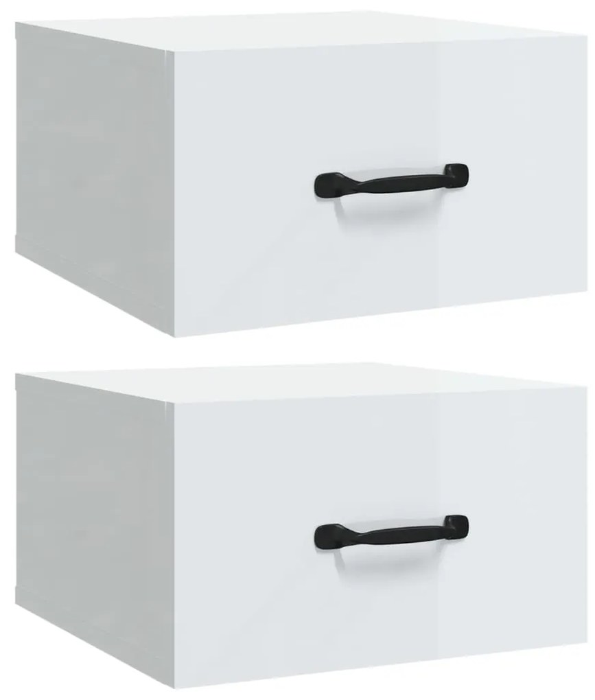 812865 vidaXL Noptiere de perete, 2 buc., alb extralucios, 35x35x20 cm