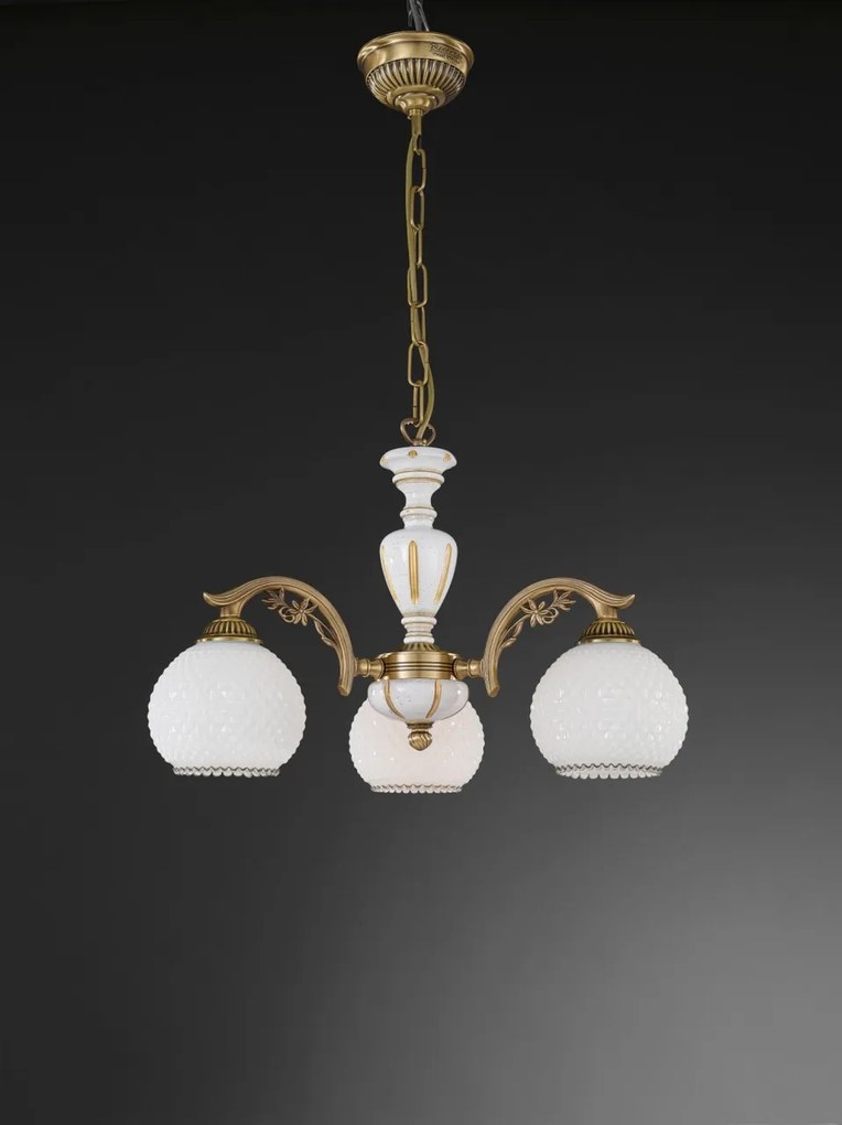 Candelabru cu 3 brate clasic design italian din alama, sticla si lemn 8605 RA-L. 8605/3