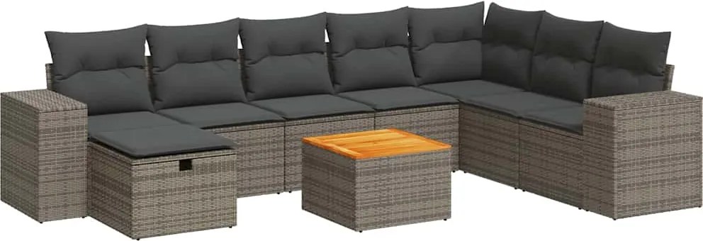 vidaXL Set canapele de grădină, 9 piese, cu perne, gri, poliratan