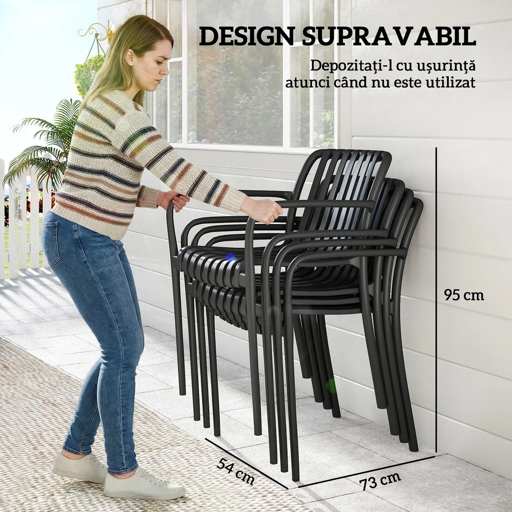 Set 4 Scaune de Grădină Outsunny Stivuibile din PP Rezistent la Razele UV, Scaune de Luat Masa pentru Exterior cu Spătar Ergonomic cu Lamele și Brațe, pentru Terasă, Balcon, Grădină, 55x58,5x81,5 cm, Negru | Aosom Romania