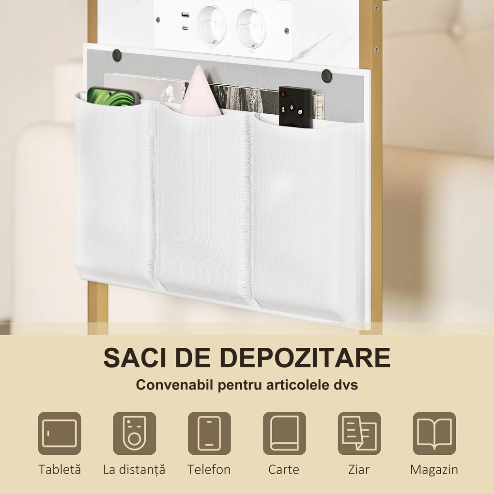 HOMCOM Măsuță de Sufragerie în Formă de C cu Efect de Marmură și Porturi USB, Albă | Aosom Romania