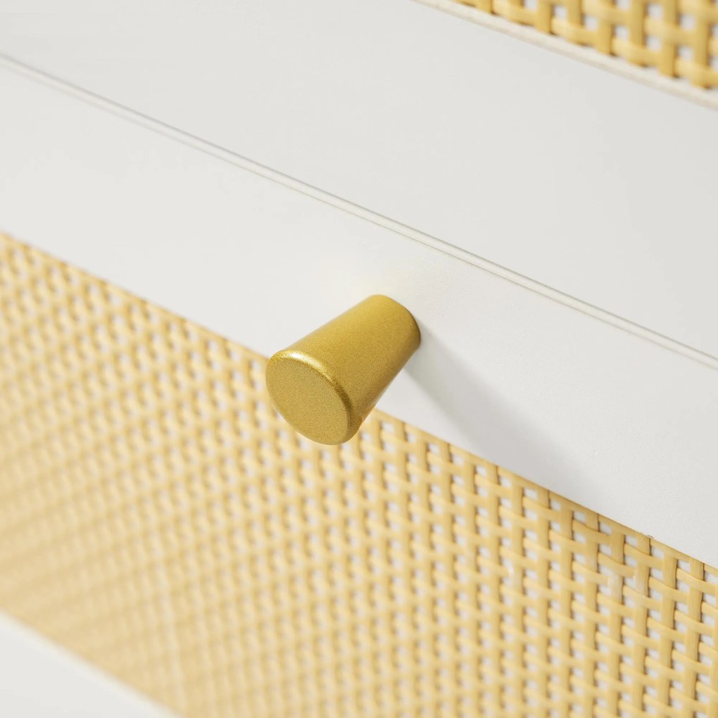 Comodă în stil rustic cu ratan și mânere aurii, 3 sertare și 1 ușă, 120x40x85 cm, Alb