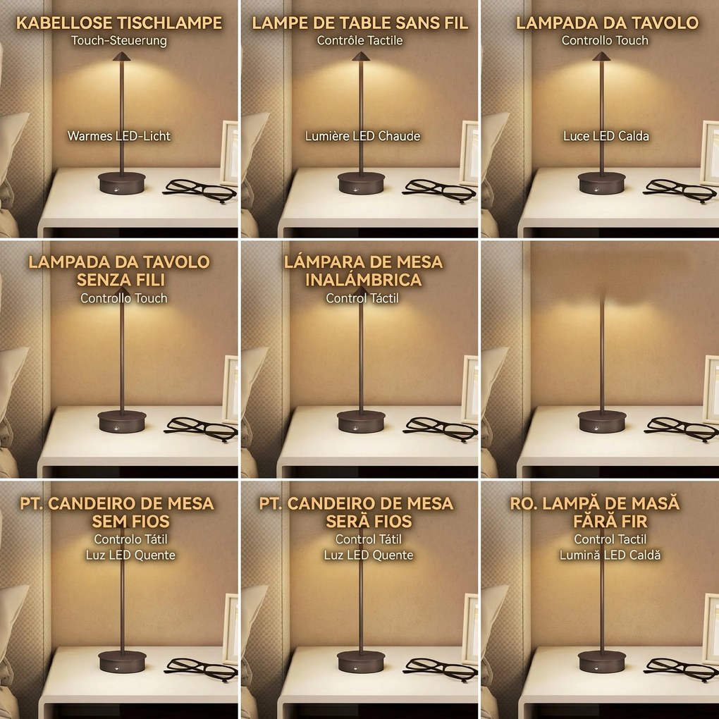 HOMCOM Lampă de Masă Reîncărcabilă cu USB, Lampă Fără Fir cu Temperatura Culorii Reglabilă 3000K/4500K/6500K, Control Touch, Autonomie 4-8 Ore, Cafea | Aosom Romania