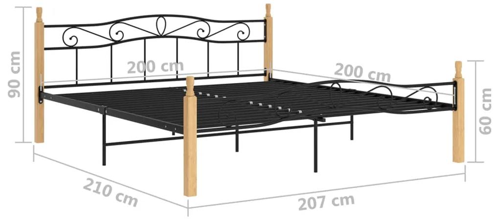 Cadru de pat, negru, 200x200 cm, metal si lemn masiv de stejar Maro deschis, 200 x 200 cm