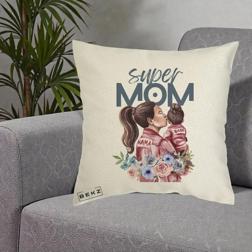 Cadou pentru Mama - Perna Personalizata Super Mom Mama cu Bebelusul, 40x40 cm, Ecru, Husa Detasabila, Perna Inclusa, BEKZ®